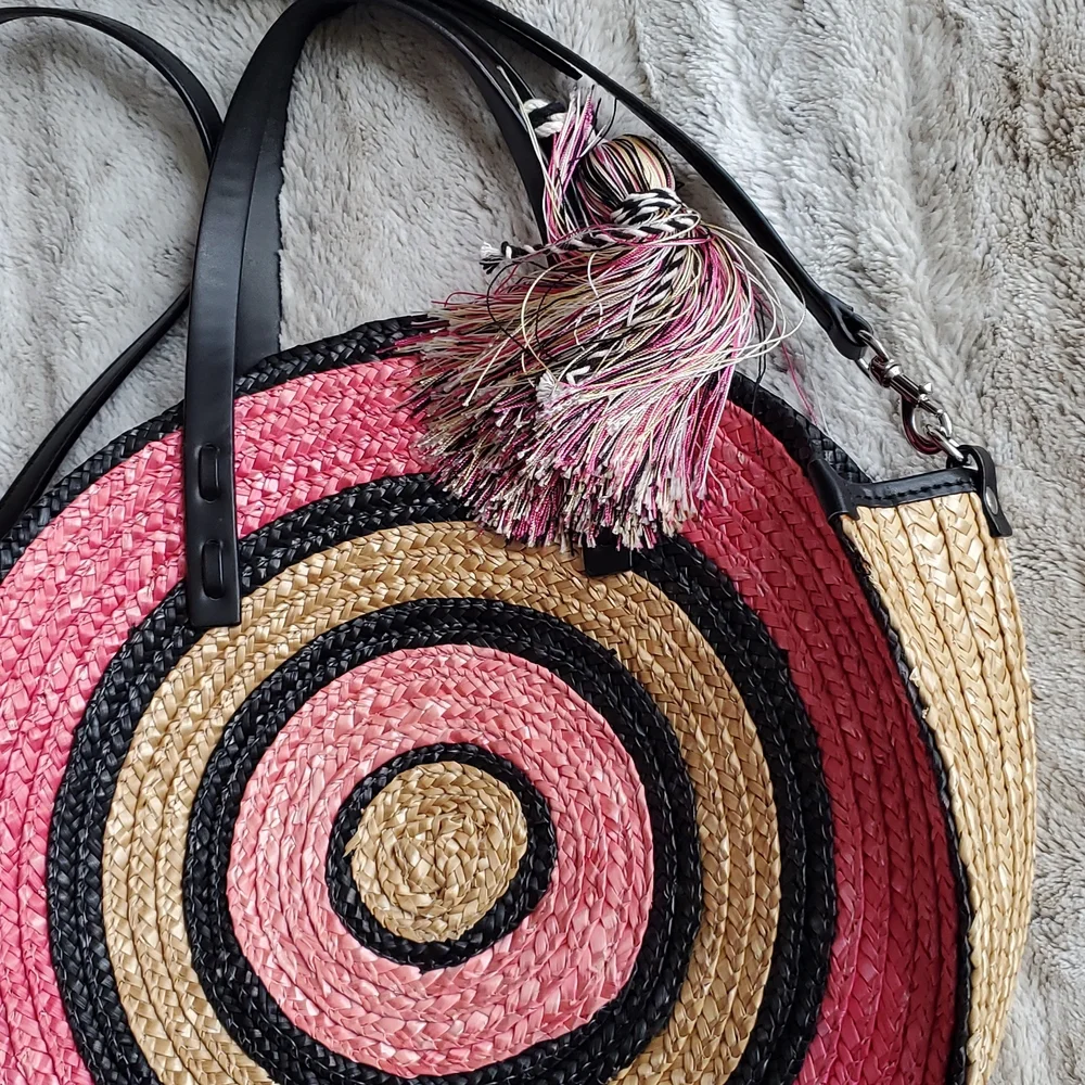 Rebecca Minkoff Pink and Beige Wicker Concentric Circle Tote Hand Bag - Picture 5 of 10